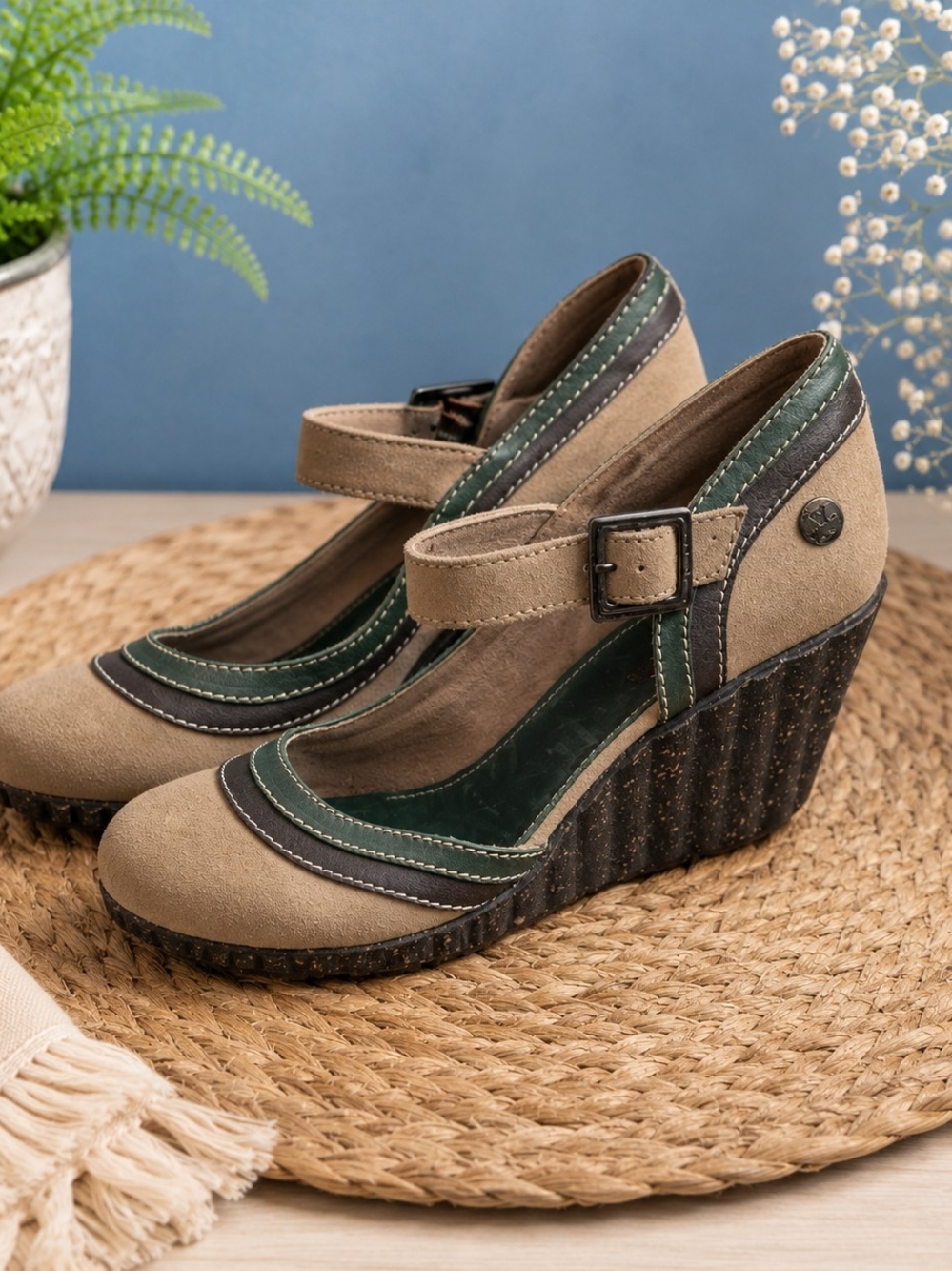 Women’s Tan & Green Mary Jane Wedge Shoes